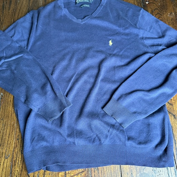 Ralph Lauren Navy Blue Pima Cotton‎ Vneck Sweater -L - Picture 3 of 7